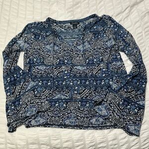 Lucky Brand Women’s Top Small Blue White With Paisley Long Sleeves Boho V-Neck